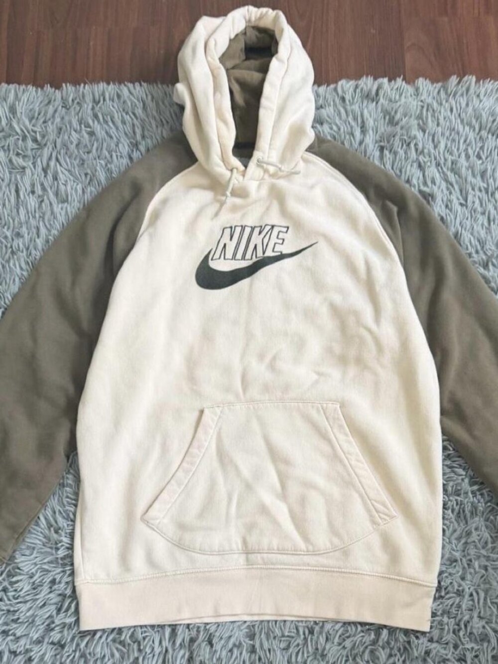 Vintage Nike Mens L Hoodie Y2K Cream Olive Two-Tone Pullover Sweatshirt